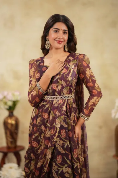 Maroon Royal Style Pre Draped Saree Gown
